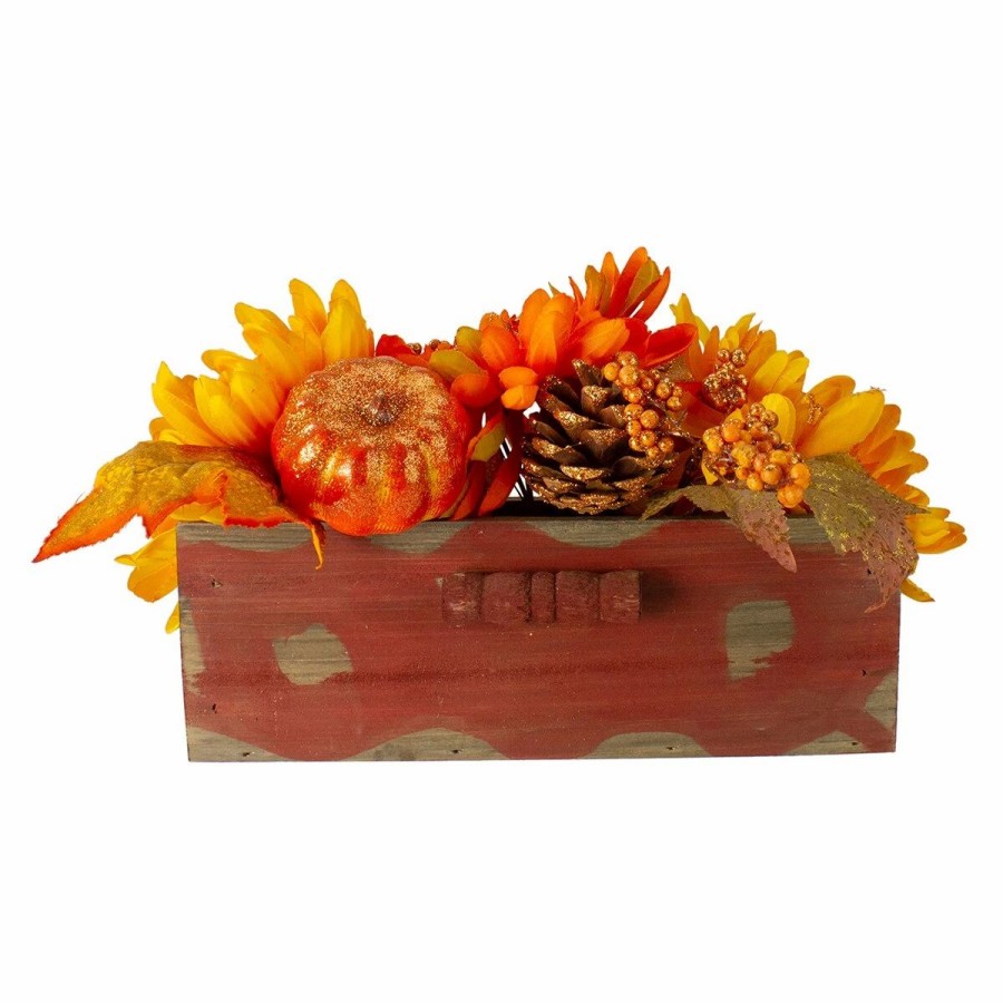 * Artificial Plants | Artificial Plants Northlight Seasonal 14In. Maple Leaf And Berry Rustic Wooden Box