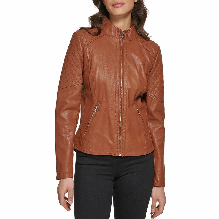 * Coats | Coats Womens Guess Faux Leather Stretch Zip Front Jacket Cognac