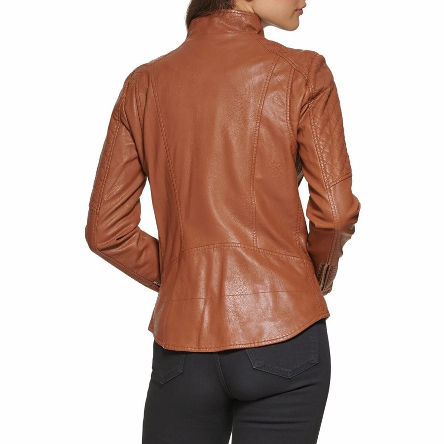 * Coats | Coats Womens Guess Faux Leather Stretch Zip Front Jacket Cognac