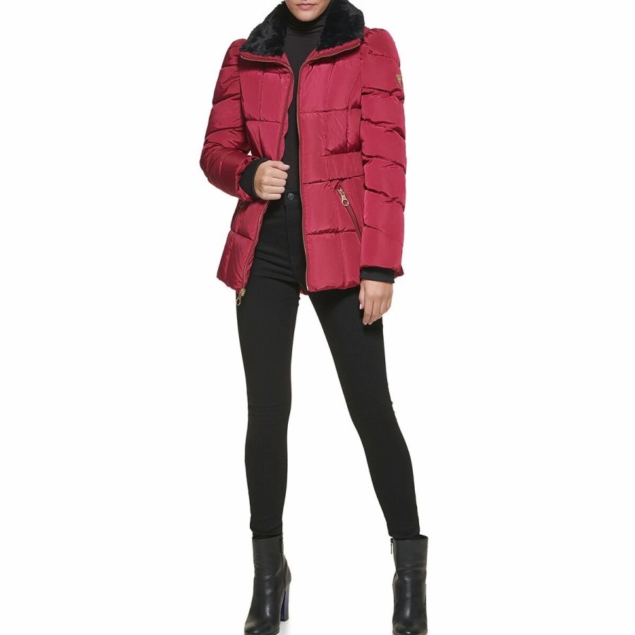 * Coats | Coats Womens Guess Short Polyfill Coat With Faux Fur Trimmed Hood