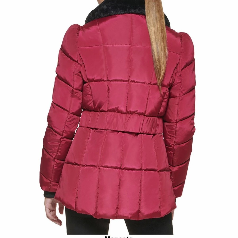 * Coats | Coats Womens Guess Short Polyfill Coat With Faux Fur Trimmed Hood