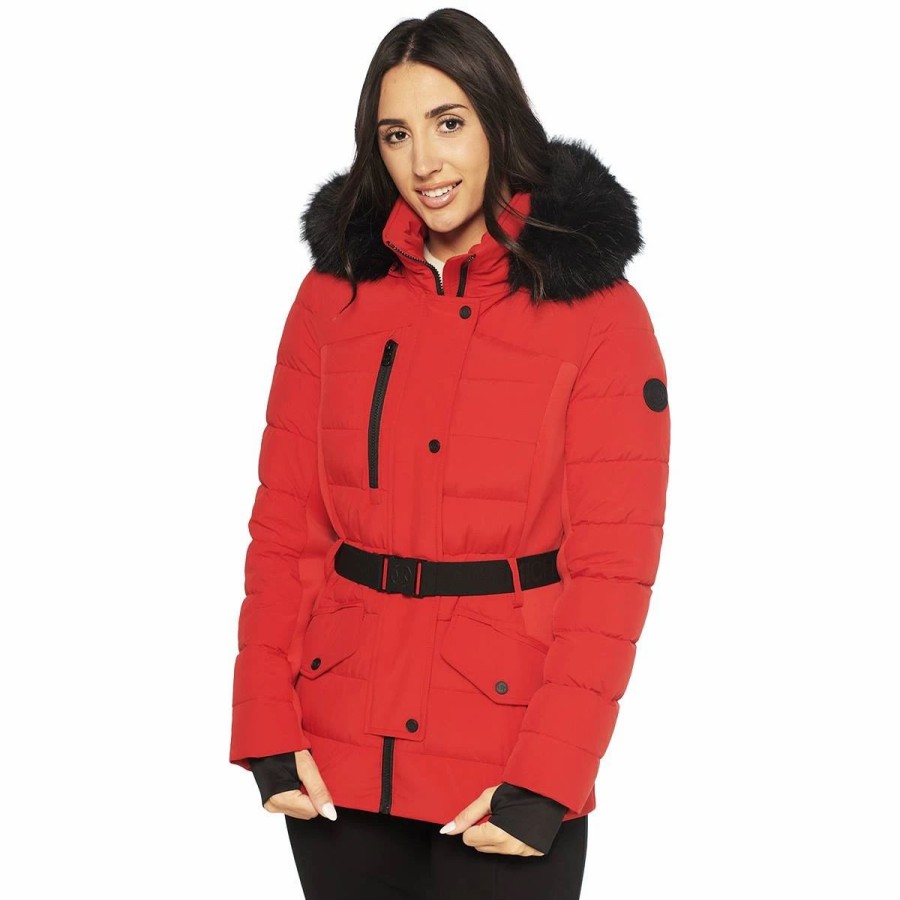 * Coats | Coats Womens Michael Kors Short Belted Puffer Jacket With Faux Fur Hood