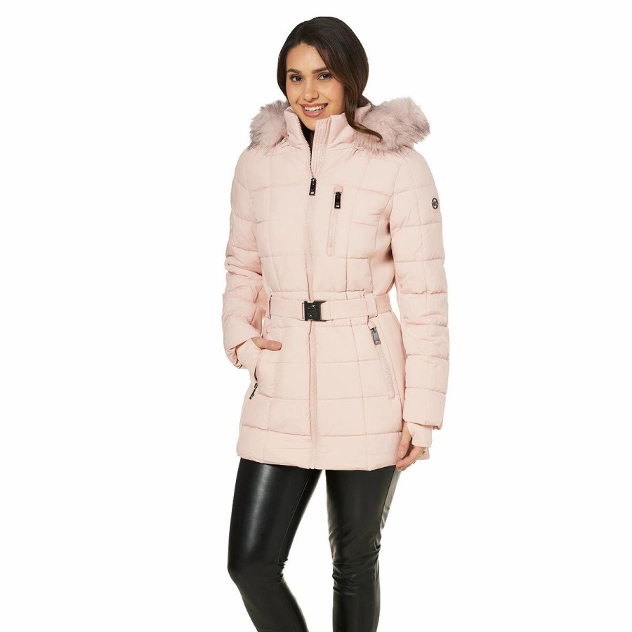 * Coats | Coats Womens Michael Kors Long Belted Puffer Jacket With Hood