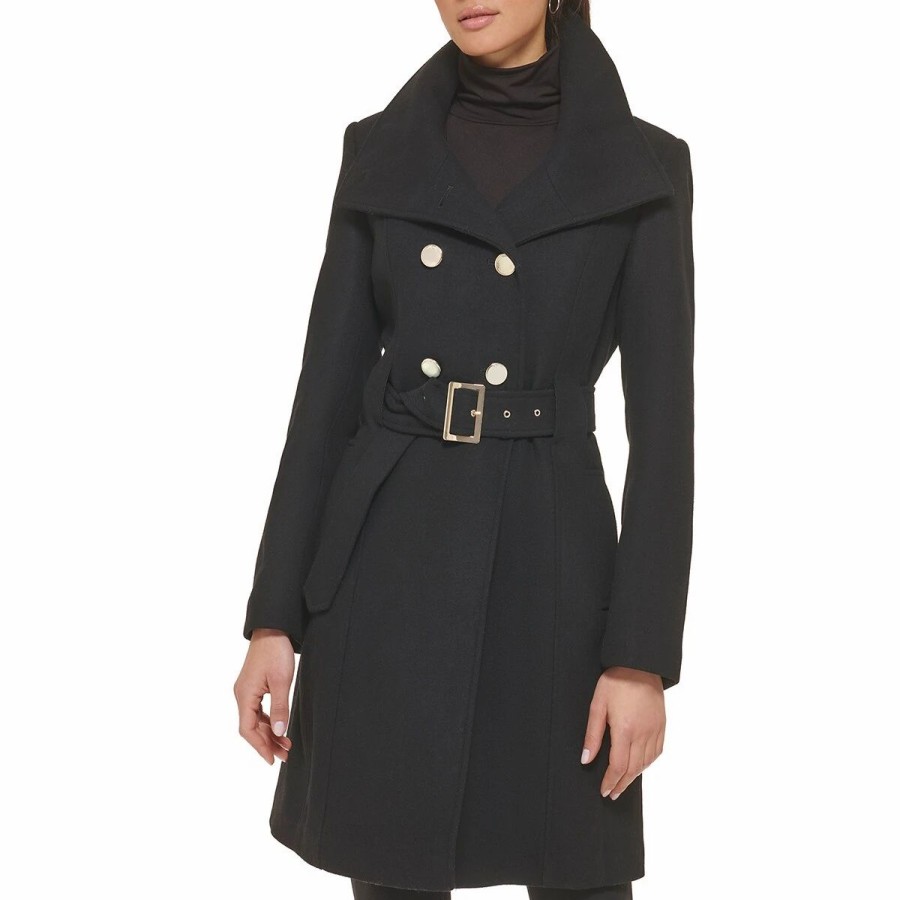 * Coats | Coats Womens Guess Belted Double Breasted Wool Coat Black