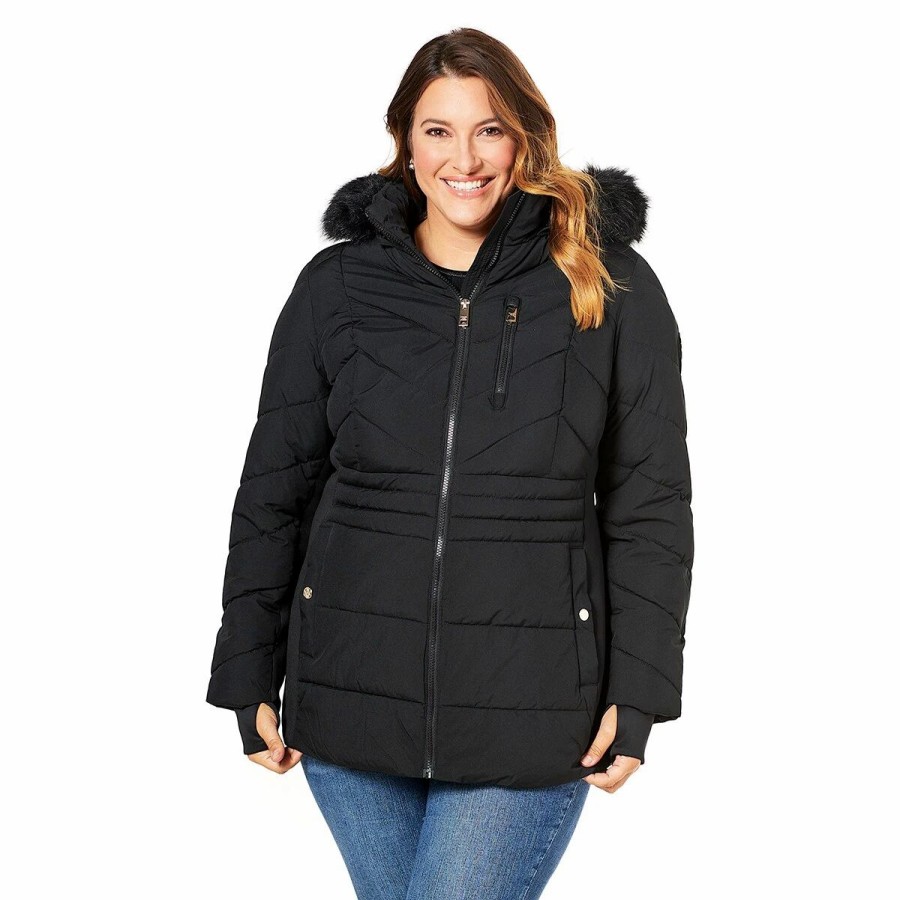 * Coats | Coats Plus Size Michael Kors Short Chevron Puffer Jacket With Faux Fur