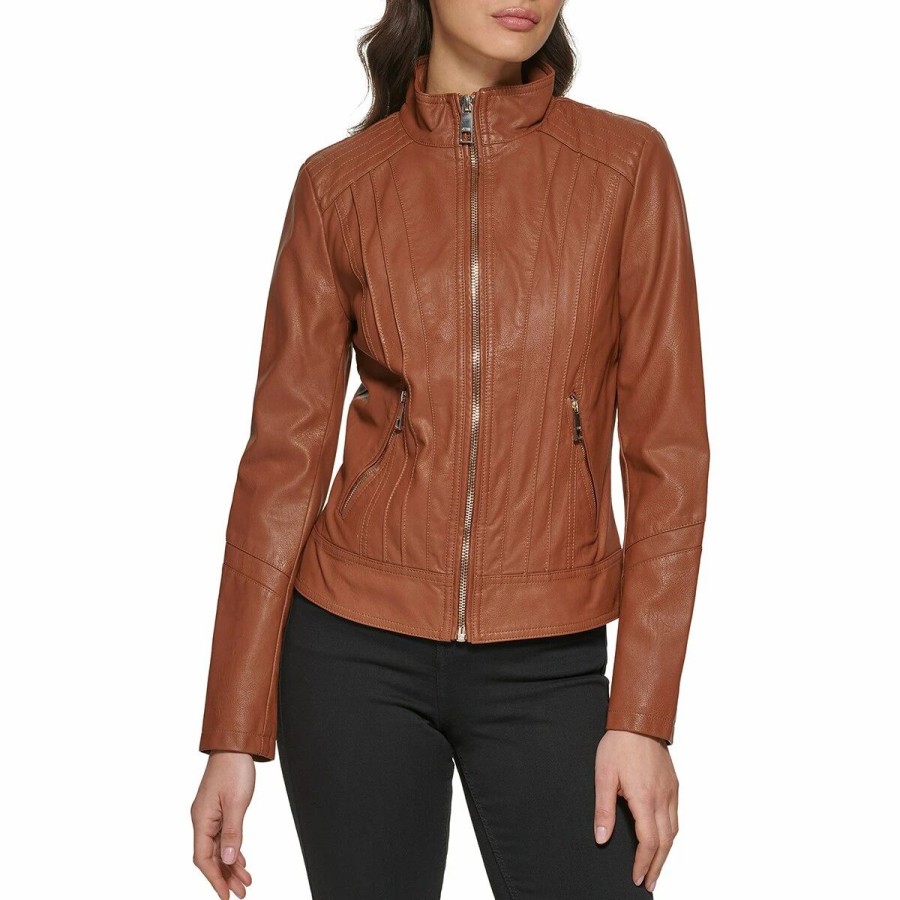 * Coats | Coats Womens Guess Faux Leather Stretch Jacket Cognac