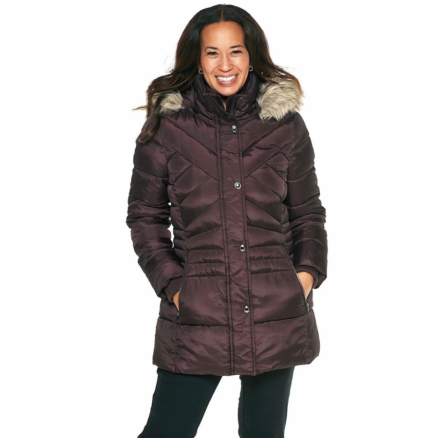 * Coats | Coats Petite London Fog 31In. Poly Puffer Jacket With Faux Fur Hood