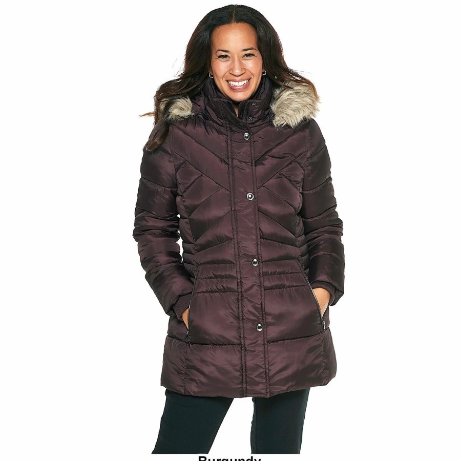 * Coats | Coats Petite London Fog 31In. Poly Puffer Jacket With Faux Fur Hood